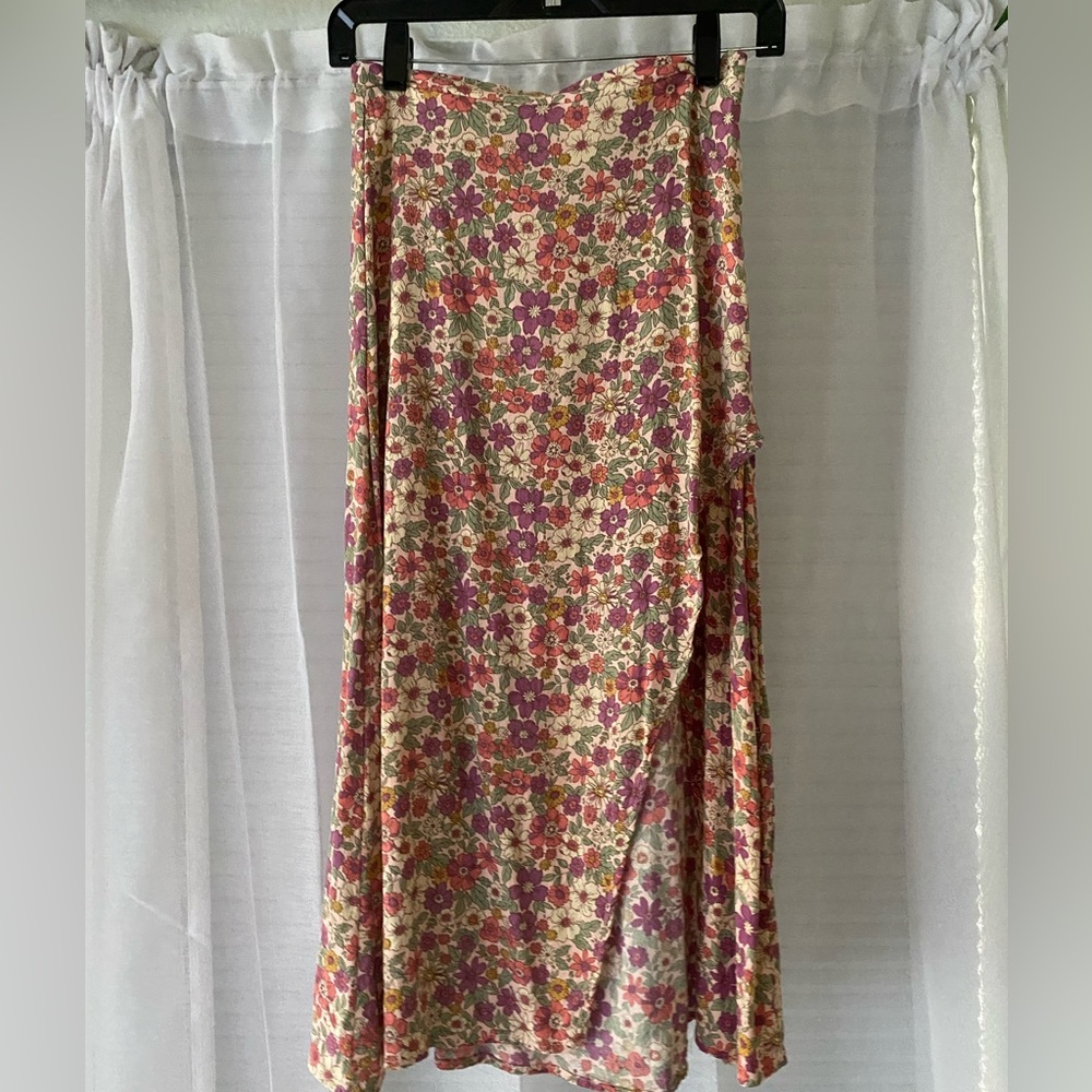 70s Floral Flowy Pink Slit Skirt